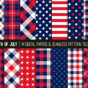 Carrelage sans couture du 4 juillet patriotique rouge blanc bleu étoiles et rayures motif tartan et papiers numériques Pages de journal indésirable 30,5 x 30,5 cm et 20 x 11 po.