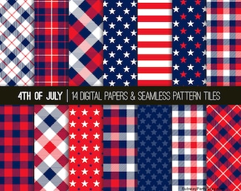 Azulejos y papeles digitales con estampado de tartán patriótico rojo, blanco y azul de estrellas y rayas, sin costuras, del 4 de julio, de 30 x 30 cm y 20 x 28 cm.