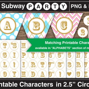 May include: Printable party decorations featuring gold letters and numbers on white circles with a gold border. The letters are A, B, C, I, T, S, H, A, G, I, P, Y, B, R, L, !, I, R, T, 4th, 5th, 5, N, Y, &, 7th, 8th, 8, R, V, %, B, O, Y, H, D, A, 0th, !, heart, C, K, $ and the numbers 1, 2, and 3. The letters and numbers are in a vintage style font. The circles are 2.5 inches in diameter.