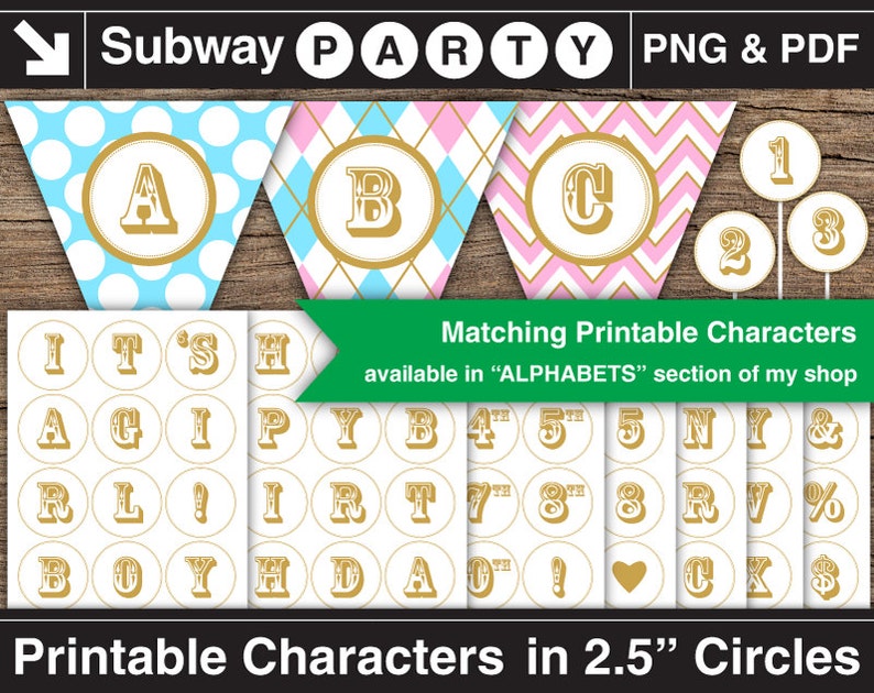 May include: Printable party decorations featuring gold letters and numbers on white circles with a gold border. The letters are A, B, C, I, T, S, H, A, G, I, P, Y, B, R, L, !, I, R, T, 4th, 5th, 5, N, Y, &, 7th, 8th, 8, R, V, %, B, O, Y, H, D, A, 0th, !, heart, C, K, $ and the numbers 1, 2, and 3. The letters and numbers are in a vintage style font. The circles are 2.5 inches in diameter.