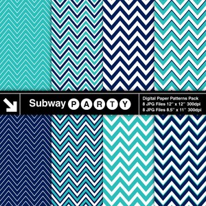 Papeles digitales azul marino y turquesa en chevron grueso y fino. Papeles imprimibles para álbumes de recortes, tarjetas y fiestas (8,5 x 11 y 12 x 12) JPG. Descarga.