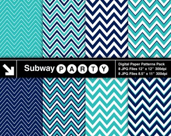 Navy Blue and Turquoise Digital Papers in Thick and Thin Chevron. Scrapbook / Card DIY / Printable Party Papers 8.5x11 & 12x12 JPG Download