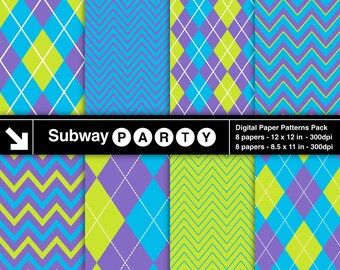 Monsters Party Digital Papers Pack in Blue, Green & Purple Chevron and Argyle. Scrapbook / Invites DIY 8.5x11 / 12x12 jpg. INSTANT DOWNLOAD