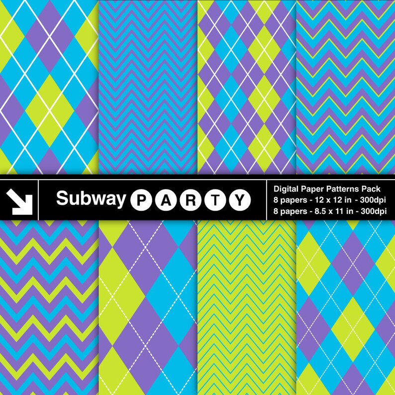 May include: A digital paper pack with eight patterns in a chevron and argyle design. The patterns are in shades of purple, green, blue, and white. The pack includes 8 papers that are 12 x 12 inches and 8 papers that are 8.5 x 11 inches. The text "Subway PARTY" is at the top of the image.