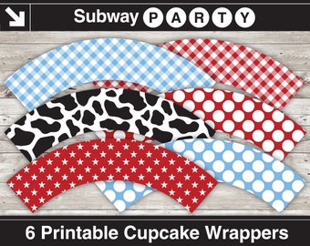 Printable Cowboy Party Cupcake Wrappers DIY. Black Cow Print, Red, White, Baby Blue Gingham, Stars & Stripes. INSTANT DOWNLOAD
