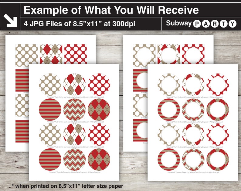 May include: Four printable 8.5 x 11 inch JPG files of party circles and squares with red, white, and brown geometric patterns. The text "Subway PARTY" is at the top of the image.