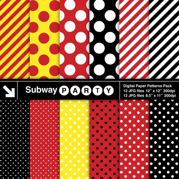 Mickey Party Digital Papers. Red, Black, Yellow, White Polka Dots & Candy Stripes. Scrapbook / Invite DIY 8.5x11, 12x12 jpg INSTANT DOWNLOAD Il_570xn