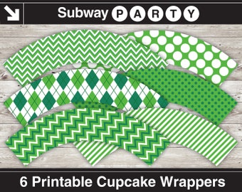 Afdrukbare smaragdgroene en witte cupcakepapiertjes in 6 patronen: chevron, argyle, polkadot en snoepstreep. Doe-het-zelf. JPG DIRECT DOWNLOADEN