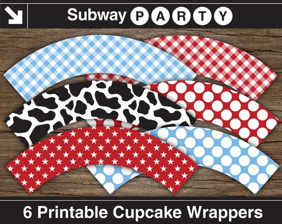 Printable Cowboy Party Cupcake Wrappers DIY. Black Cow Print, Red, White, Baby Blue Gingham, Stars & Stripes. INSTANT DOWNLOAD Il_570xn