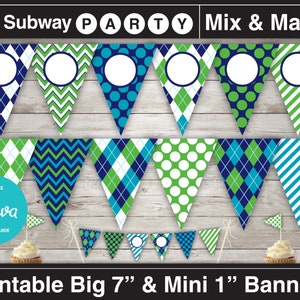 May include: Printable Subway Party banner set with 7 inch and 1 inch flags. The flags feature a variety of patterns in green, blue, and white, including polka dots, stripes, and plaid. The banner is editable with Canva.