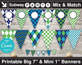 Golf Party Printable Banner & Mini Cake Bunting. Editable with Canva or Pixlr. DIY Blank Text Customizable Banner. Navy Blue Green Argyle