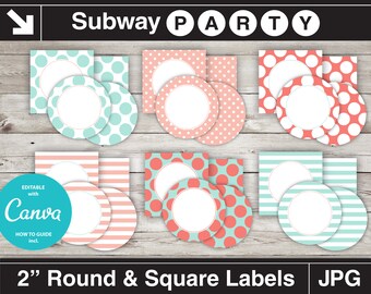 Printable Mint and Coral 2" Party Circles and Squares / Cupcake Topper / Blank Labels, Tags. Add Your Own Text DIY jpg INSTANT DOWNLOAD