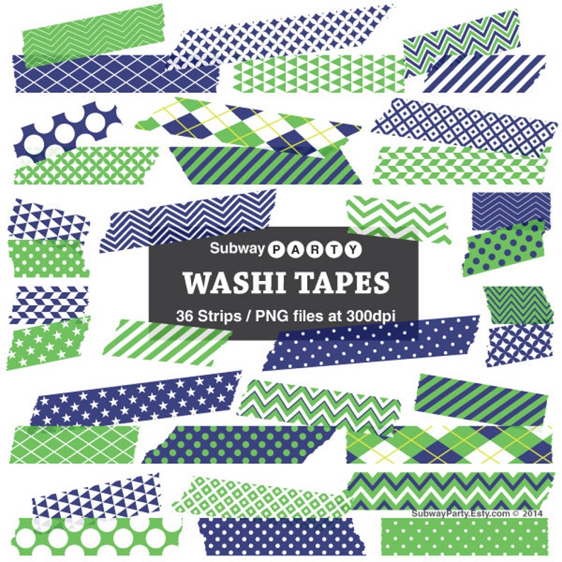 May include: A set of 36 digital washi tape designs in green and blue colors. The designs include polka dots, stripes, stars, zigzags, and geometric patterns. Subway Party Washi Tapes. 36 Strips / PNG files at 300dpi.