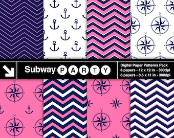 Nautical Pink, Navy Blue and White Chevron, Anchors, Compass Digital Papers Pack. Scrapbook / Invites DIY 8.5x11 12x12 jpg INSTANT DOWNLOAD