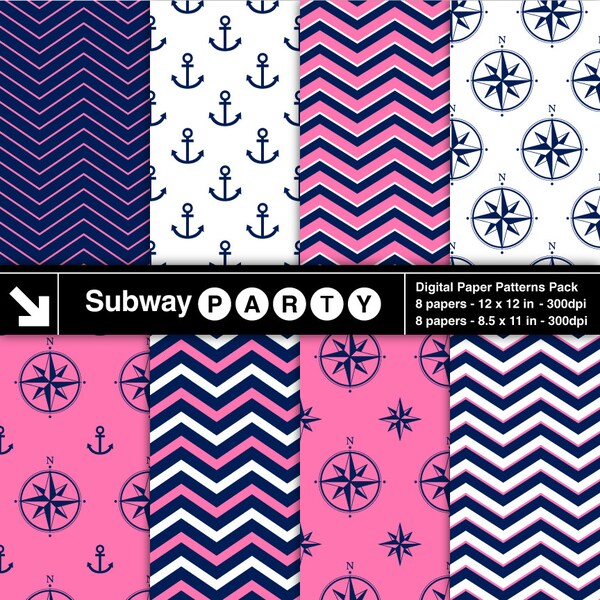 Nautical Pink, Navy Blue and White Chevron, Anchors, Compass Digital Papers Pack. Scrapbook / Invites DIY 8.5x11 12x12 jpg INSTANT DOWNLOAD