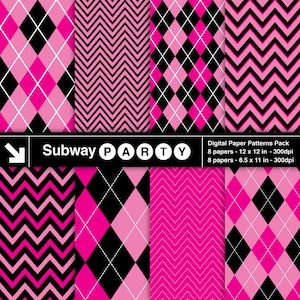 Pink Monsters Party Digital Papers Pack in Hot Pink & Schwarz Chevron und Argyle. Scrapbook / Lädt DIY 8.5x11 / 12x12 jpg SOFORT-DOWNLOAD