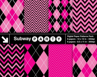 Pink Monsters Party Digital Papers Pack in Hot Pink & Black Chevron and Argyle. Scrapbook / Invites DIY 8.5x11 / 12x12 jpg INSTANT DOWNLOAD