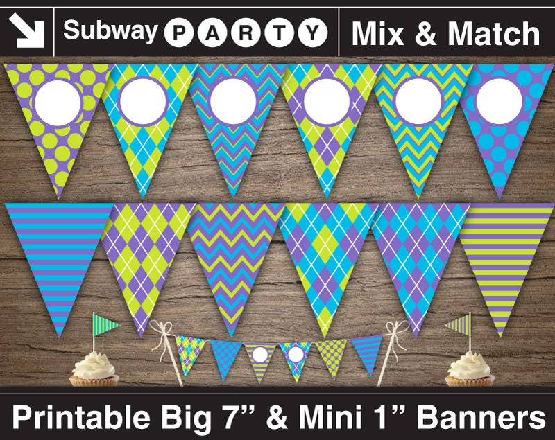 Monsters Party Printable Banner And Mini Cake Bunting Purple Etsy