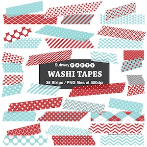 Può includere: Un set di 36 washi tape con vari motivi in rosso e blu. I nastri sono disposti in modo casuale su uno sfondo bianco. Il testo "Subway Party Washi Tapes 36 Strips / PNG files at 300dpi" è visualizzato in un rettangolo nero.