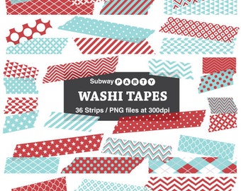 Aqua Blue and Red Washi Tape Strips, Digital Clip Art, Photo Frame Borders, Scrapbook Embellishment, 36 PNGs transparent. CANVA Elements