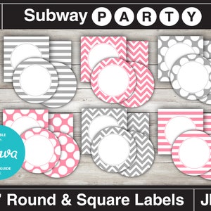 May include: Set of 2 inch round and square labels with different patterns in pink and gray. The patterns include stripes, polka dots, and chevron. The labels are editable with Canva.
