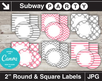Pink, Grey Girl Baby Shower Party Circles and Squares / Cupcake Toppers Printable DIY / Blank Labels, Tags. Editable Jpg. INSTANT DOWNLOAD.