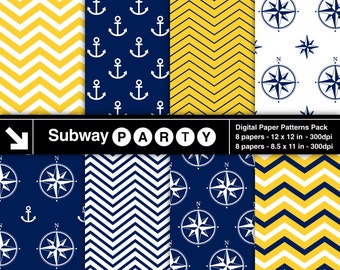 Nautical Yellow, Navy Blue and White Digital Papers. Chevron, Anchors & Compasses. Scrapbook / Invite DIY 8.5x11 12x12 jpg INSTANT DOWNLOAD