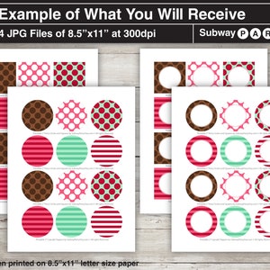 May include: Four printable 8.5" x 11" sheets with various designs. The sheets feature circles and squares with polka dots, stripes, and solid colors in brown, pink, and mint green. The text "Example of What You Will Receive" is at the top.