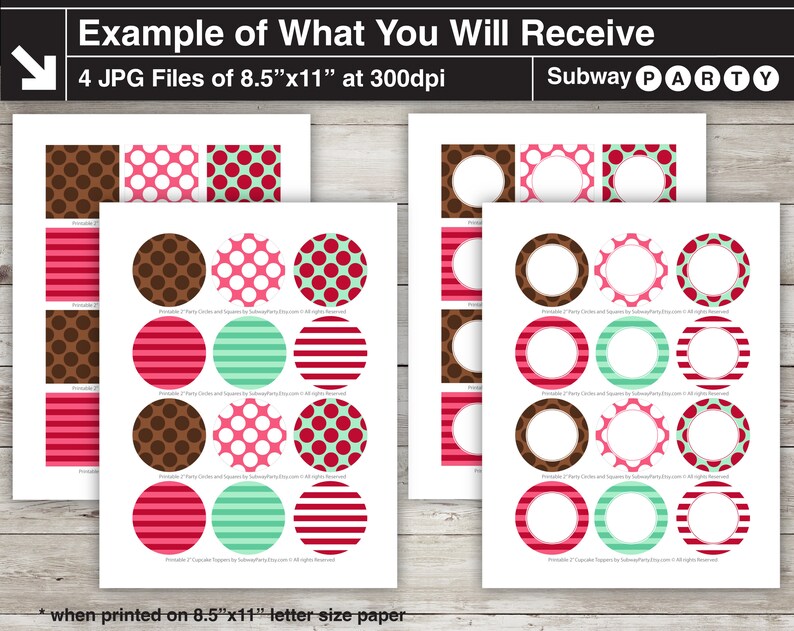 May include: Four printable 8.5" x 11" sheets with various designs. The sheets feature circles and squares with polka dots, stripes, and solid colors in brown, pink, and mint green. The text "Example of What You Will Receive" is at the top.