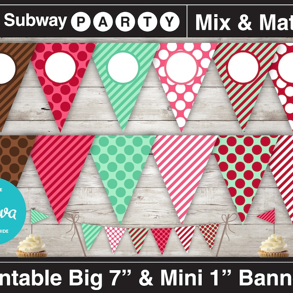 Sugar Rush Party Printable Banner & Mini Cake Bunting. Mint, Chocolate Brown, Pink, Burgundy Red. DIY Editable Banner Blank INSTANT DOWNLOAD