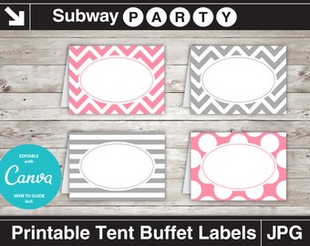 Etichette per alimenti per baby shower rosa e grigie. Chevron, pois, righe. Segnaposto stampabili / Cartoncini per buffet modificabili. DOWNLOAD IMMEDIATO.