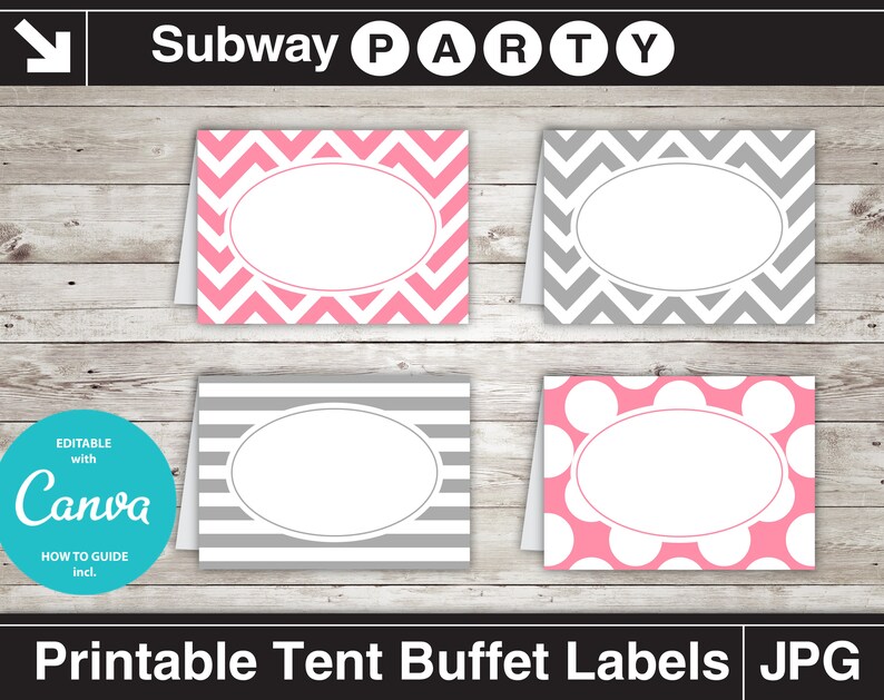Pu&ograve; includere: Quattro etichette per buffet a tenda stampabili con diversi motivi: chevron rosa e bianco, chevron grigio e bianco, strisce grigie e bianche e pois rosa e bianchi. Ogni etichetta ha un ovale bianco per il testo. Le etichette sono modificabili con Canva. Il testo "Subway Party" &egrave; in alto nell'immagine. Il testo "Printable Tent Buffet Labels JPG" &egrave; in basso nell'immagine.
