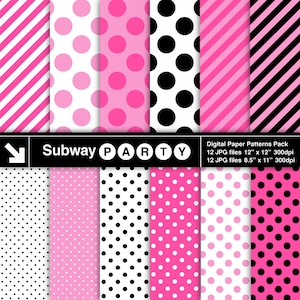Minnie Party Digital Papers. Pois e strisce rosa shocking, bianche e nere. Album di ritagli / Sfondo Canva 8,5 x 11, 12 x 12 jpg SCARICA