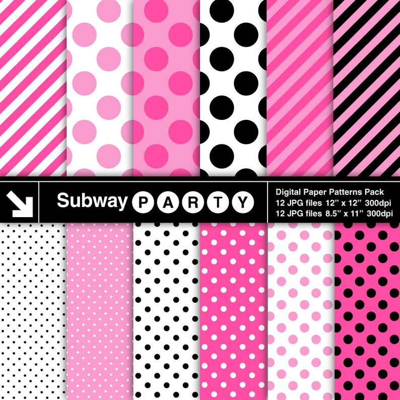 May include: A digital paper pack with 12 different patterns featuring pink and black polka dots, stripes, and solid colors. The patterns are labeled "Subway PARTY" and are 12 inches by 12 inches and 8.5 inches by 11 inches.