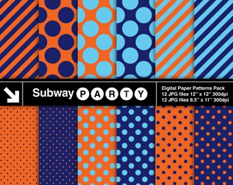 Navy Blue, Sky Blue and Orange Polka Dots and Stripes Digital Papers. Scrapbook / Party Invites DIY 8.5x11 & 12x12 jpg. INSTANT DOWNLOAD