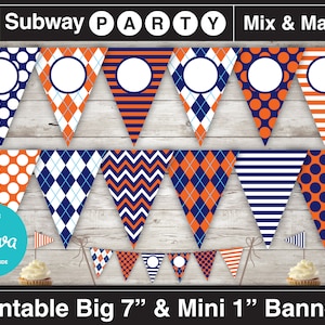 May include: Printable Subway Party banner set with 7 inch and 1 inch triangle flags. The flags feature a variety of patterns in orange, white, and navy blue, including polka dots, stripes, and argyle. The banner is editable with Canva.