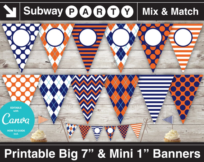 May include: Printable Subway Party banner set with 7 inch and 1 inch triangle flags. The flags feature a variety of patterns in orange, white, and navy blue, including polka dots, stripes, and argyle. The banner is editable with Canva.