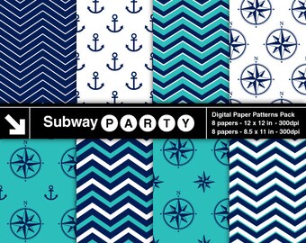 Paquete de papeles digitales náuticos turquesa y azul marino. Chevron, anclas y brújulas. Papeles imprimibles para álbumes de recortes o fiestas, 8,5 x 11 y 12 x 12, descarga en formato JPG.