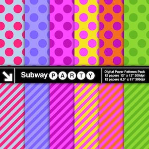 May include: A digital paper pack with 12 patterns in polka dot and diagonal stripe designs. The patterns are in pink, blue, yellow, orange, and green. The text "Subway PARTY" is at the top of the image.