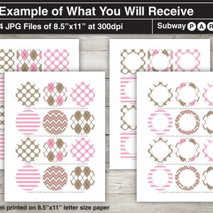 May include: Printable 2-inch party circles and squares in brown, pink, and white polka dot, chevron, and argyle patterns. The printable sheets are designed for 8.5 x 11 inch letter size paper.  The text on the sheet reads "Printable 2" Party Circles and Squares by SubwayPartyDecor.com. All rights reserved."