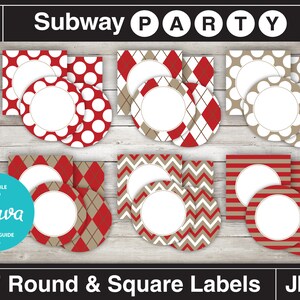 May include: Set of 2 inch round and square labels in red, white, and brown patterns. The labels are editable with Canva and include a guide. The labels are perfect for a subway party.