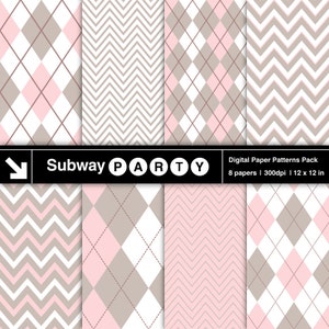 May include: Digital paper patterns pack featuring eight sheets with various designs. The patterns include argyle and chevron in shades of pink, white, and taupe. The text "Subway PARTY" is displayed in a black banner. Each paper is 12 x 12 inches.