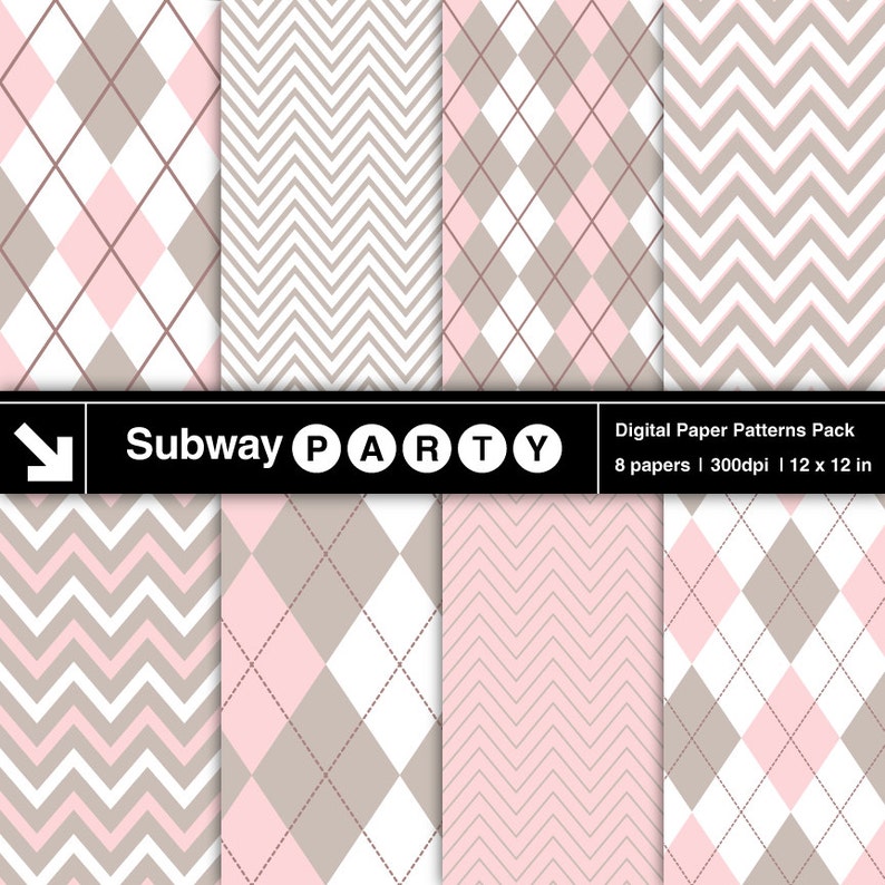 May include: Digital paper patterns pack featuring eight sheets with various designs. The patterns include argyle and chevron in shades of pink, white, and taupe. The text "Subway PARTY" is displayed in a black banner. Each paper is 12 x 12 inches.