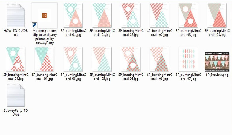 May include: A digital download of printable bunting flags in a mint green and coral color scheme. The flags feature a variety of patterns, including polka dots, stripes, and a simple circle design. The text "SP_buntingMintC oral-01.jpg" is visible on one of the files.