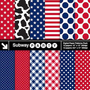 May include: A set of 12 digital paper patterns in red, white, and blue featuring stars, polka dots, gingham, and cow print. The papers are 12 inches by 12 inches and 8.5 inches by 11 inches, and are 300 dpi.