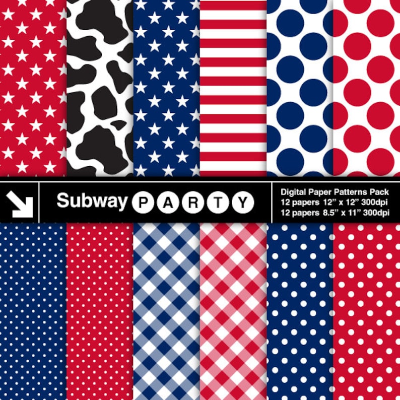 May include: A set of 12 digital paper patterns in red, white, and blue featuring stars, polka dots, gingham, and cow print. The papers are 12 inches by 12 inches and 8.5 inches by 11 inches, and are 300 dpi.