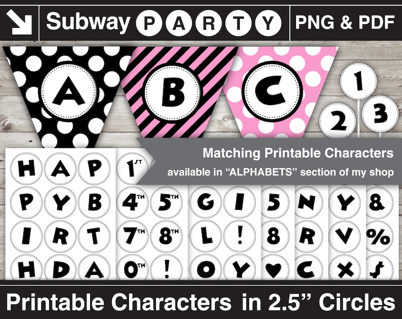 May include: Printable black and white alphabet and number characters in 2.5 inch circles. The characters are on a white background with a black outline. The characters are available in a polka dot, striped, and solid design. The characters are available in a "ALPHABETS" section of the shop.