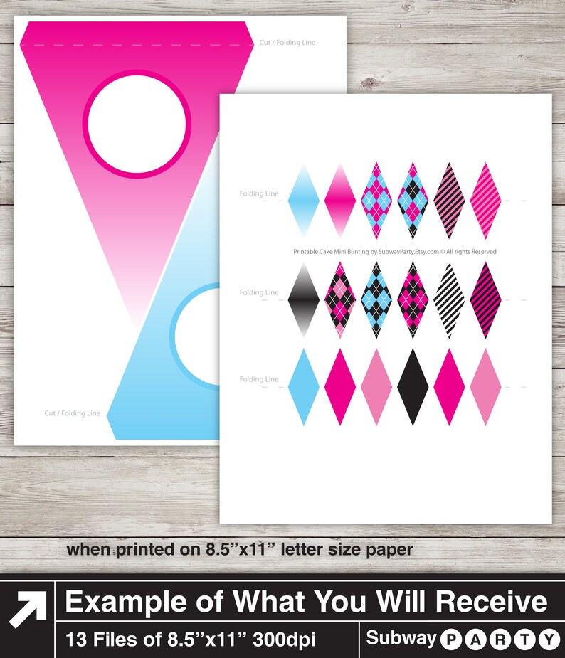 May include: Printable cake bunting with pink, blue, black and white diamond shapes. The bunting is designed to be cut out and assembled. The text "Printable Cake Mini Bunting by SubwayParty Etsy.com All rights Reserved" is included on the image.