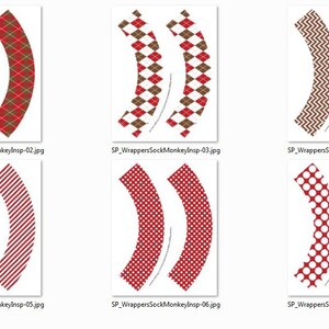May include: Six printable cupcake wrapper designs featuring red and brown patterns. The patterns include argyle, stripes, zigzags, and polka dots.