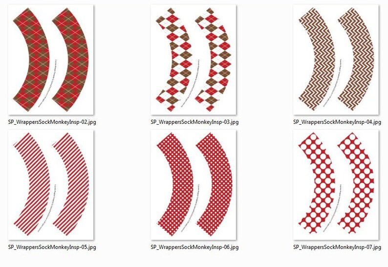 May include: Six printable cupcake wrapper designs featuring red and brown patterns. The patterns include argyle, stripes, zigzags, and polka dots.